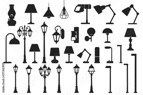 Silhouette icon set of lamps and vintage street lights