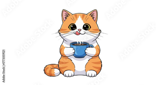 An orange and white cartoon cat with big eyes holding a blue mug of steaming coffee and licking its chops in anticipation.