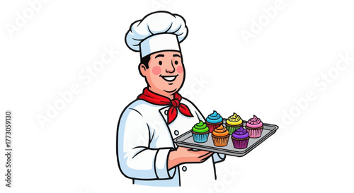 Cartoon chef in uniform smiles while holding a tray of colorful cupcakes, ready to serve a delicious dessert.