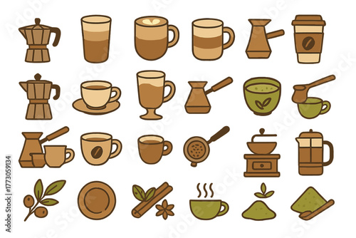 Coffee and tea icon set with mugs, pots, grinders, and leaves
