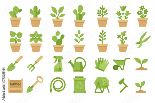 Set of hand-drawn gardening tools and potted plant icons