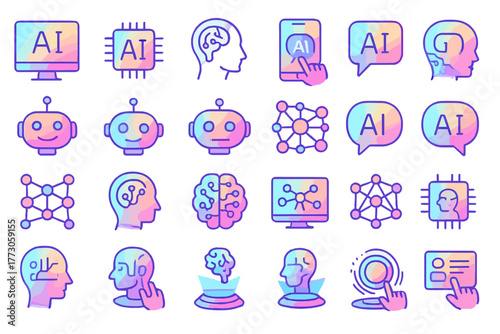 Gradient AI and robotics icon set with neural and tech symbols