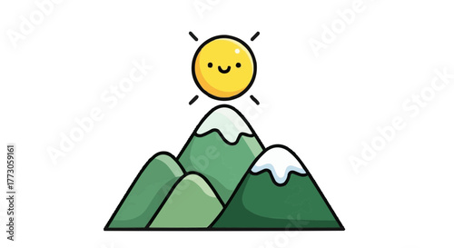 Cartoon mountains under the sunshine, featuring a landscape with snowy peaks and a bright, smiling sun above.