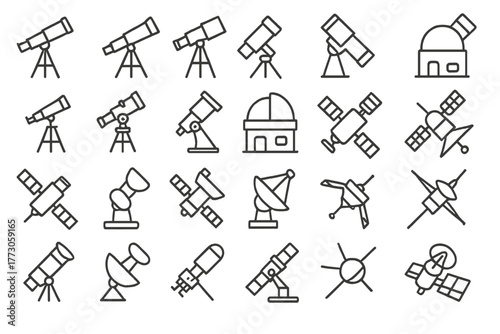 Set of astronomy, telescope, and satellite icons in line style