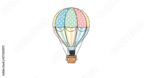 A whimsical hot air balloon graces the sky, adorned with pastel polka dots and soft stripes, carrying dreams up high.