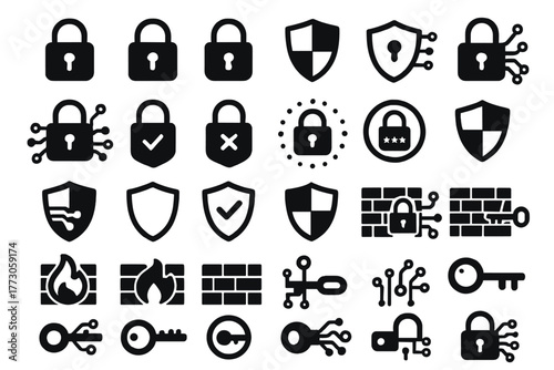 Cybersecurity icons set with dark theme and lock, firewall, and shield symbols