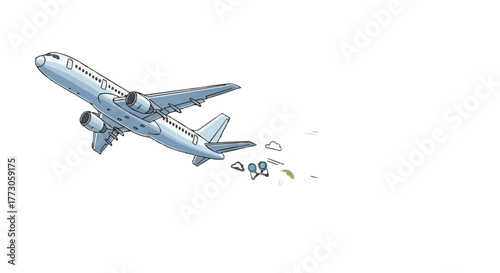 Airplane flies in the sky as paratroopers jump out of the plane while performing a stunt into the black sky.