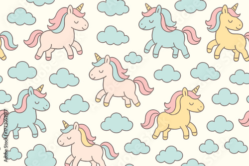 Seamless pastel unicorn pattern with clouds on cream background