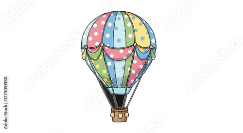 Whimsical hot air balloon with polka dots and stars floating in a transparent background of a clear sky. Fly high!