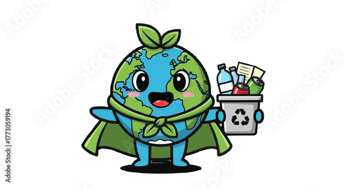 Cartoon Earth character with cape and recycling bin, advocating environmental awareness and sustainability efforts.