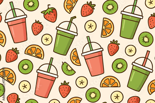 Seamless fruit smoothie pattern with strawberries, kiwis, and oranges