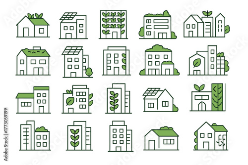Seamless eco-friendly buildings pattern with green rooftops and solar panels
