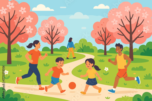 Happy family playing and jogging in park with blooming trees