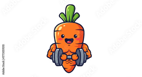 This cartoon carrot is getting buff with dumbbells. A funny take on healthy lifestyle and fitness goals for everyone.