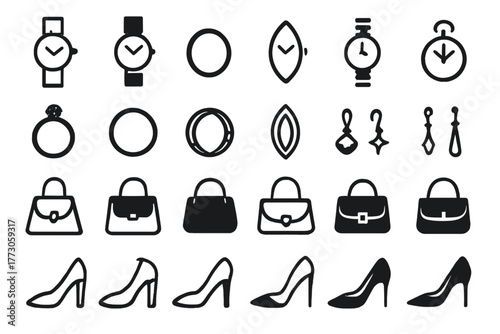Elegant fashion accessory icon set in black silhouette style