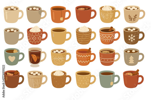Cozy winter drink icon set with hot cocoa, tea, and mulled wine