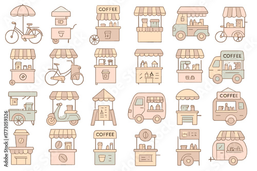 Pastel mobile coffee cart and street vendor icon set