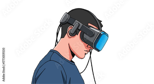 Isolated illustration of a cartoon man wearing a virtual reality headset for a gaming or entertainment experience.