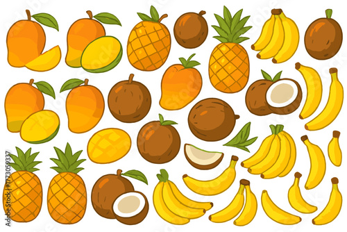 Tropical fruit icon set with mango, banana, pineapple, coconut