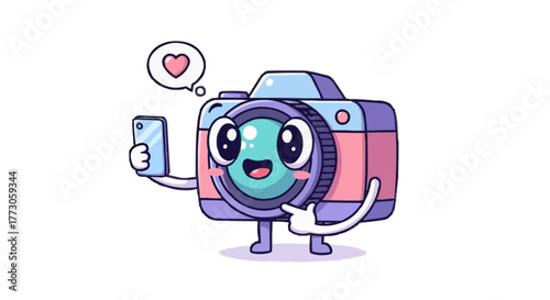 Adorable camera character with a phone, capturing moments and sharing the love. A symbol of capturing memories with a cute twist.