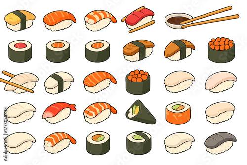 Variety sushi icon set with rolls, nigiri, and condiments