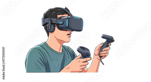 A man experiences an exciting virtual reality game using a VR headset and controllers in a modern setting.