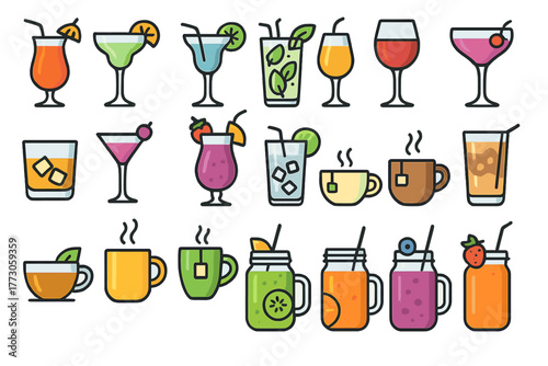 Colorful beverage icon set with cocktails, tea, and smoothies