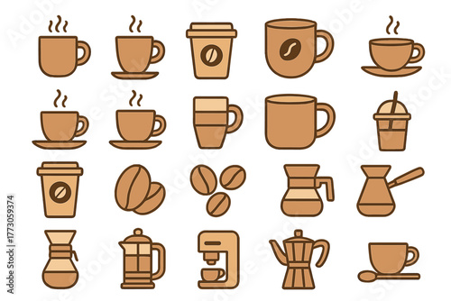 Set of coffee icons with cups, beans, and brewing equipment