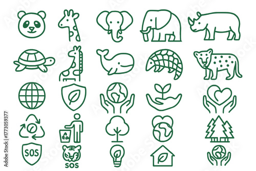 Wildlife conservation and eco protection icon set