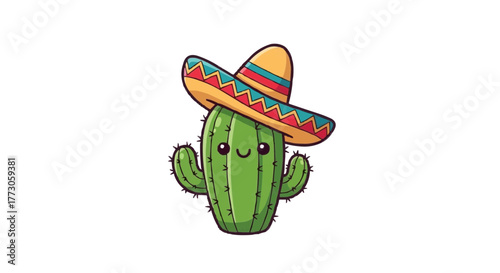 A friendly cartoon cactus wears a colorful sombrero, radiating cheerfulness and good times in a simple, charming design.