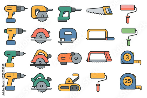 Colorful construction and power tools icon set