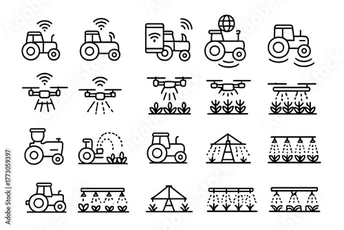 Set of precision farming and smart irrigation icons on dark background