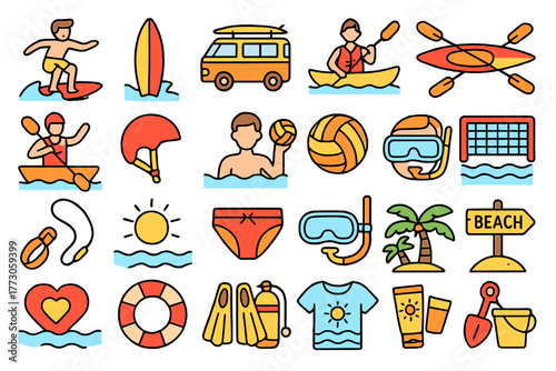 Bright summer beach and water sport icon collection