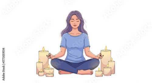 A serene woman with lavender hair practices meditation in lotus position surrounded by glowing candles on a transparent background.