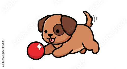A playful cartoon dog, rendered in warm brown tones, chases after a bright red ball, tongue lolling out in excitement.