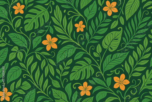 Vibrant green foliage and orange flowers create a lively pattern ideal for textiles and home decor