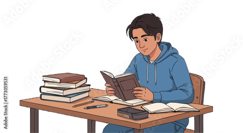 A student engrossed in reading at his desk, surrounded by books, a pencil and pen, focused on his learning.
