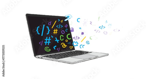 Laptop displaying a variety of colorful programming code, digital transformation, software development, future technology.