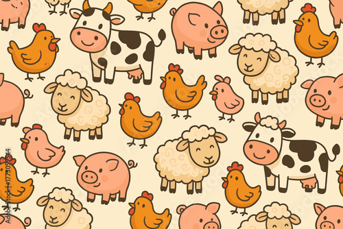 Colorful cartoon farm animal pattern featuring cows, pigs, chickens, and sheep in a fun design