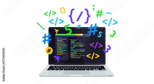 Laptop displaying program code with floating code-related symbols. Software development and tech startup concept.