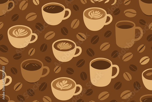 Colorful pattern of coffee cups and beans in various shades of brown creating a warm and inviting atmosphere for coffee lovers