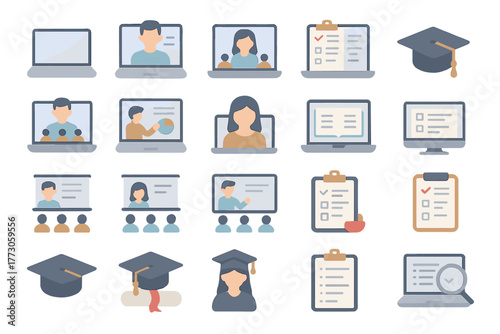 Online learning platform features images of virtual classes, student interactions, and educational assessments