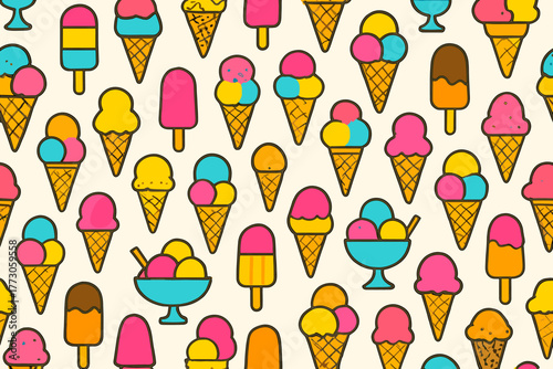 Colorful ice cream pattern with various flavors and shapes on a light background