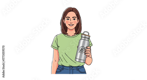 Illustration of a woman promoting sustainability by holding a reusable water bottle, advocating for environmental awareness.