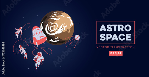 Astronauts floating in space with spaceship modern vector illustration