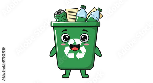 A cartoon recycling bin character with googly eyes and a big smile filled with recyclable materials like paper and bottles.