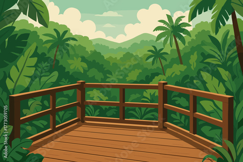 Scenic wooden observation deck surrounded by lush greenery and mountains in a tropical landscape