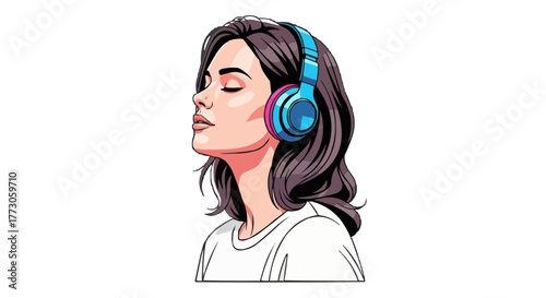 A serene woman is shown in profile, eyes closed, wearing headphones, lost in the music with a peaceful expression. 