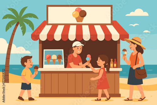 Families enjoy ice cream at a beachside stand during a sunny day in a tropical location
