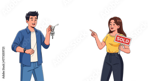 A man holding keys after buying a home. The woman is holding a sold sign after selling her home, both are happy.
